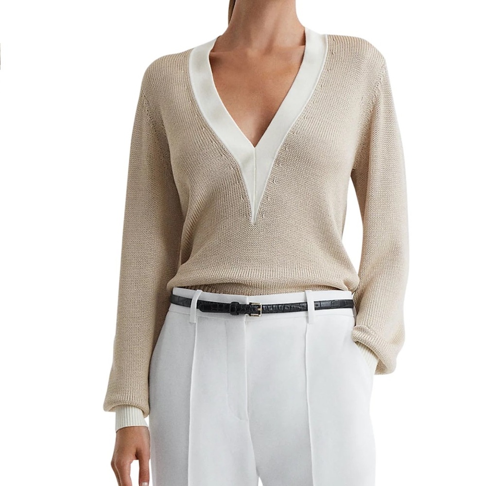 Reiss Tilly Contrast Sweater Size XS Long Sleeve V Neck Stretch Quiet Luxury